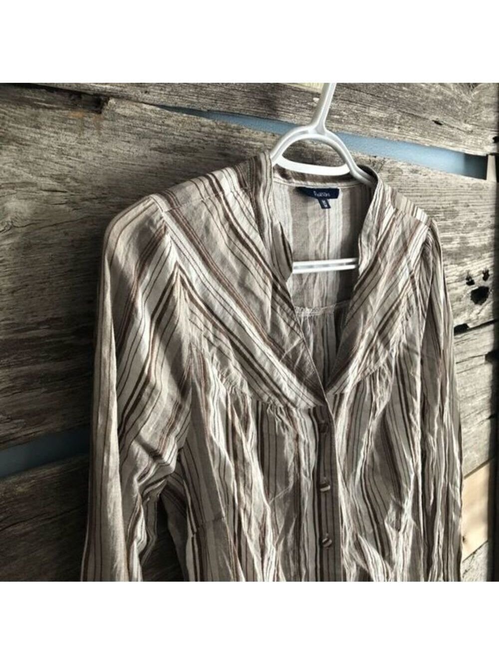 REITMANS size Med Tan striped button down blouse - Picture 2 of 5